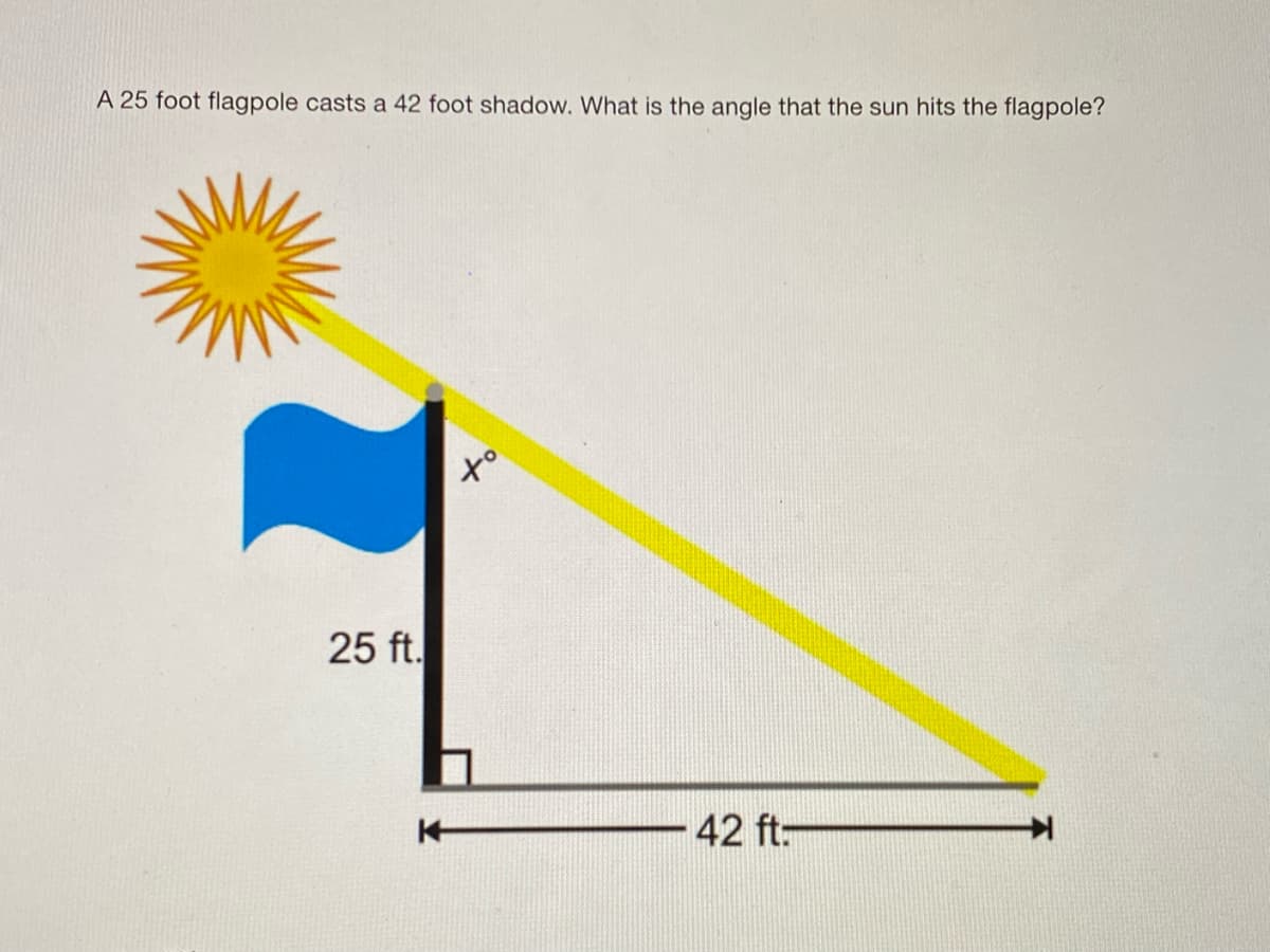 A 25 foot flagpole casts a 42 foot shadow. What is the angle that the sun hits the flagpole?
to
25 ft.
42 ft-
