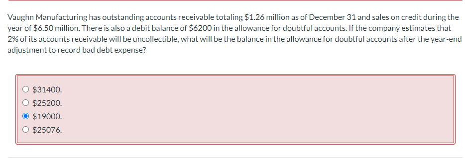 Vaughn Manufacturing has outstanding accounts receivable totaling $1.26 million as of December 31 and sales on credit during the
year of $6.50 million. There is also a debit balance of $6200 in the allowance for doubtful accounts. If the company estimates that
2% of its accounts receivable will be uncollectible, what will be the balance in the allowance for doubtful accounts after the year-end
adjustment to record bad debt expense?
O $31400.
$25200.
$19000.
$25076.
