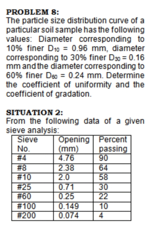 PROBLEM 8:
The particle size distribution curve of a
particular soil sample has the following
values: Diameter corresponding to
10% finer D10 = 0.96 mm, diameter
corresponding to 30% finer D30 = 0.16
mm and the diameter corresponding to
60% finer Dso = 0.24 mm. Determine
the coefficient of uniformity and the
coefficient of gradation.
SITUATION 2:
From the following data of a given
sieve analysis:
Sieve
Opening Percent
(mm)
4.76
2.38
2.0
0.71
0.25
0.149
0.074
passing
90
64
58
30
22
No.
#4
# 8
#10
# 25
# 60
#100
# 200
10
4
