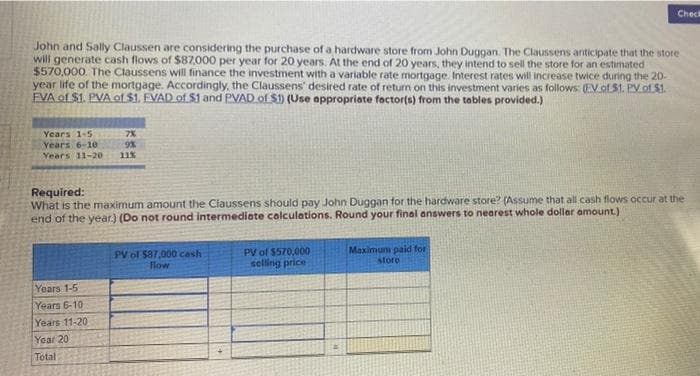Check
John and Sally Claussen are considering the purchase of a hardware store from John Duggan. The Claussens anticipate that the store
will generate cash flows of $87,000 per year for 20 years. At the end of 20 years, they intend to sell the store for an estimated
$570,000. The Claussens will finance the investment with a variable rate mortgage. Interest rates will increase twice during the 20-
year life of the mortgage. Accordingly, the Claussens' desired rate of return on this investment varies as follows: (EV of $1. PV of $1.
EVA of $1. PVA of $1. EVAD of $1 and PVAD of S1) (Use appropriate factor(s) from the tables provided.)
Years 1-5
7%
Years 6-10
9%
Years 11-20 11%
Required:
What is the maximum amount the Claussens should pay John Duggan for the hardware store? (Assume that all cash flows occur at the
end of the year.) (Do not round intermediate calculations. Round your final answers to nearest whole dollar amount.)
PV of $87,000 cash
flow
PV of $570,000
selling price
Maximum paid for
store
Years 1-5
Years 6-10
Years 11-20
Year 20
Total