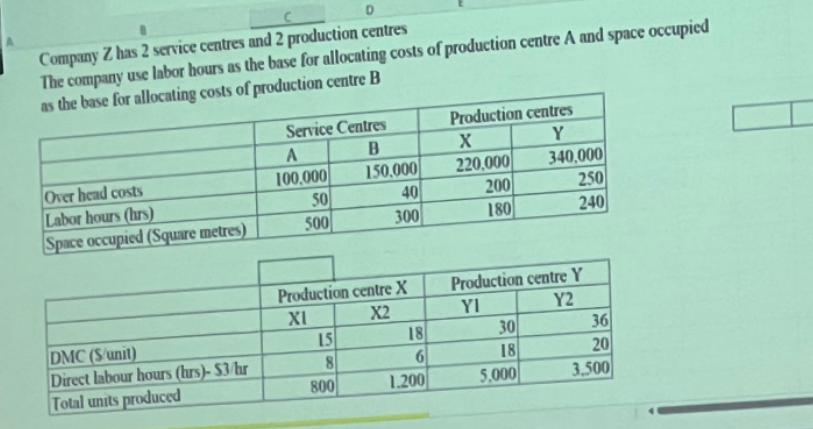 Company Z has 2 service centres and 2 production centres
The company use labor hours as the base for allocating costs of production centre A and space occupied
as the base for allocating costs of production centre B
Service Centres
Production centres
A
B
X
Y
Over head costs
100,000
150.000
220,000
340,000
50
Labor hours (hrs)
40
250
200
500
180
300
Space occupied (Square metres)
240
Production centre X
Production centre Y
XI
X2
YI
Y2
DMC (S/unit)
15
30
Direct labour hours (hrs)- $3/hr
8
18
Total units produced
800
5,000
18
6
1.200
36
20
3,500