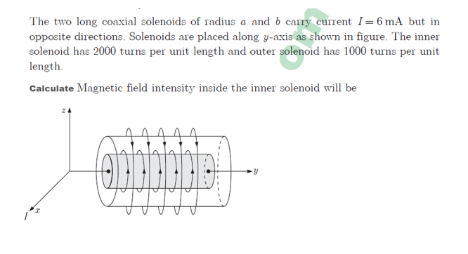 The two long coaxial solenoids of radius a and b carry curent I= 6 mA but in
opposite directions. Solenoids are placed along y-axis as shown in figure. The inner
solenoid has 2000 turns per unit length and outer solenoid has 1000 turns per unit
length.
Calculate Magnetic field intensity inside the inner solenoid will be
z4
