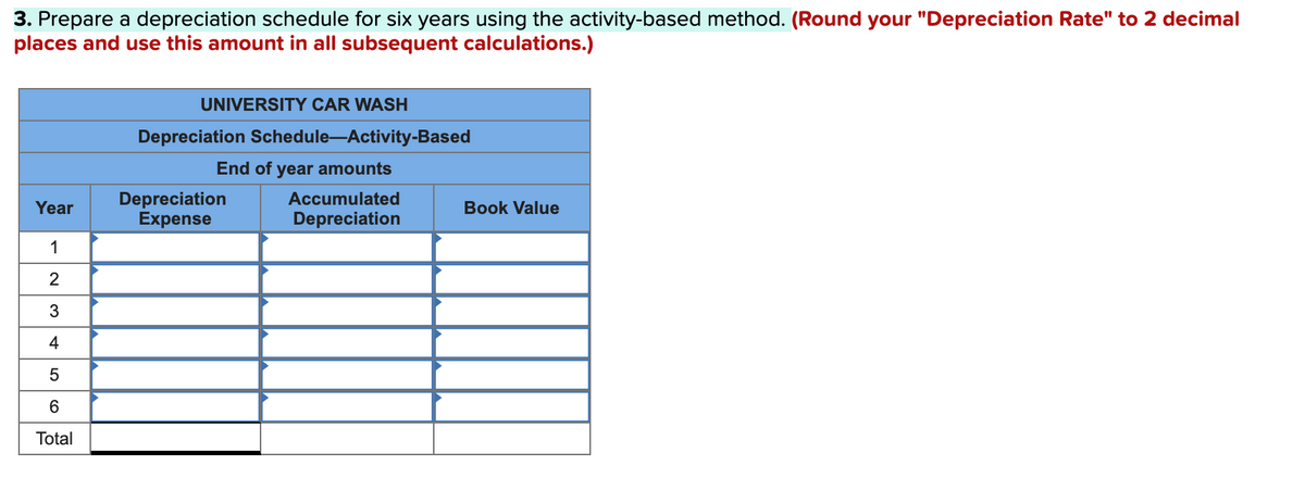 3. Prepare a depreciation schedule for six years using the activity-based method. (Round your "Depreciation Rate" to 2 decimal
places and use this amount in all subsequent calculations.)
UNIVERSITY CAR WASH
Depreciation Schedule-Activity-Based
End of year amounts
Depreciation
Expense
Accumulated
Year
Book Value
Depreciation
1
2
4
Total
