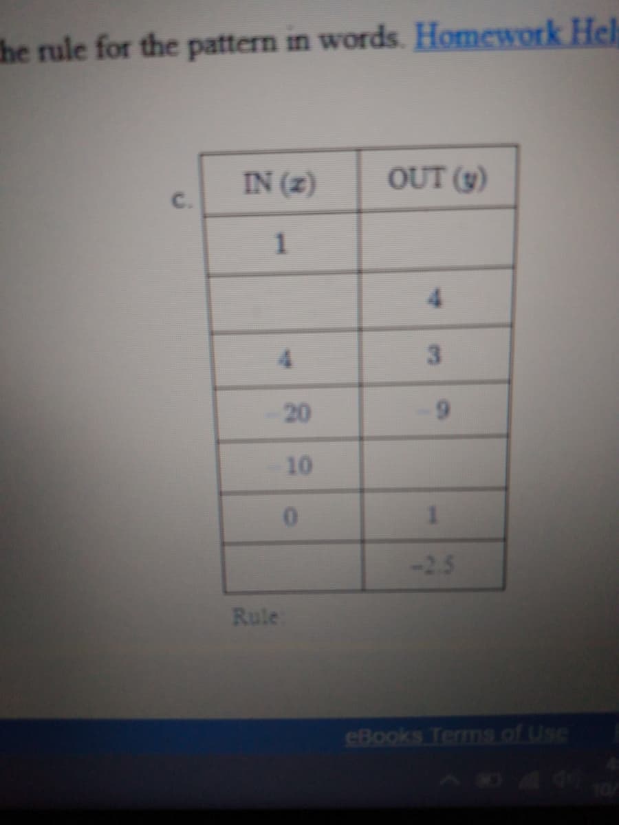 the rule for the pattern in words. Homework Hel
IN (2)
OUT (9)
C.
4.
4.
3.
20
10
-2.5
Rule
eBooks Terms of Use
