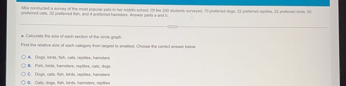 Mila conducted a survey of the most popular pets in her middle school. Of the 200 students surveyed, 70 preferred dogs, 22 preferred reptiles, 22 preferred birds, 50
preferred cats, 32 preferred fish, and 4 preferred hamsters. Answer parts a and b.
a. Calculate the size of each section of the circle graph.
Find the relative size of each category from largest to smallest. Choose the correct answer below.
A. Dogs, birds, fish, cats, reptiles, hamsters
B. Fish, birds, hamsters, reptiles, cats, dogs
C. Dogs, cats, fish, birds, reptiles, hamsters
D. Cats, dogs, fish, birds, hamsters, reptiles