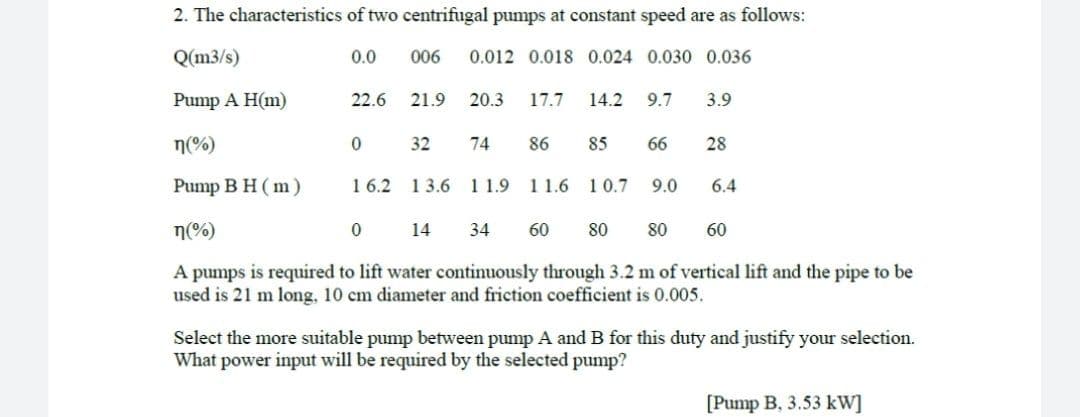 2. The characteristics of two centrifugal pumps at constant speed are as follows:
Q(m3/s)
0.0
006
0.012 0.018 0.024 0.030 0.036
Pump A H(m)
22.6
21.9
20.3
17.7
14.2
9.7
3.9
n(%)
32
74
86
85
66
28
Pump B H(m)
1 6.2 13.6 1 1.9 11.6 1 0.7
9.0
6.4
n(%)
14
34
60
80
80
60
A pumps is required to lift water continuously through 3.2 m of vertical lift and the pipe to be
used is 21 m long, 10 cm diameter and friction coefficient is 0.005.
Select the more suitable pump between pump A and B for this duty and justify your selection.
What power input will be required by the selected pump?
[Pump B, 3.53 kW]
