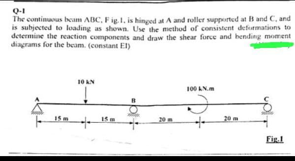 Q-1
The continuous beam ABC, Fig.1, is hinged at A and roller supported at B and C, and
is subjected to loading as shown. Use the method of consistent deformations to
determine the reaction components and draw the shear force and bending moment
diagrams for the beam. (constant EI)
15 m
10 kN
15 m
B
ma
20 m
100 kN.m
20 m
MW
Fig.1