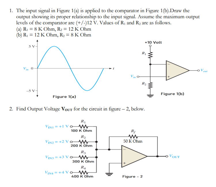 1. The input signal in Figure 1(a) is applied to the comparator in Figure 1(b).Draw the
output showing its proper relationship to the input signal. Assume the maximum output
levels of the comparator are (+/-)12 V. Values of R₁ and R₂ are as follows.
(a) R₁ = 8 K Ohm, R₂ = 12 K Ohm
(b) R₁ = 12 K Ohm, R₂ = 8 K Ohm
n
Figure 1(a)
5 V-
Vin 0
2. Find Output Voltage Vour for the circuit in figure - 2, below.
R₁
VINI = +1 VOM
100 K Ohm
R₂
VIN2 = +2 VOM
200 K Ohm
R3
VIN3+3 VC www
300 K Ohm
R4
VIN4+4 VO www
400 K Ohm
R₂
www
50 K Ohm
+10 Volt
Figure - 2
Figure 1(b)
VOUT
Vout