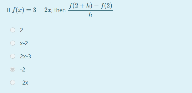 f(2+ h) – f(2)
If f(x) = 3 – 2x, then
h
O x-2
2x-3
-2
-2x
