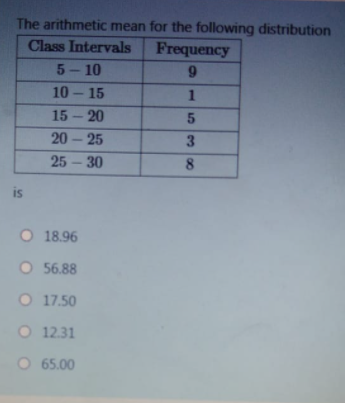 The arithmetic mean for the following distribution
Class Intervals
Frequency
5- 10
9
10 – 15
1
15 - 20
20 - 25
25-30
8
is
O 18.96
O 56.88
O 17.50
O 12.31
O 65.00
530
