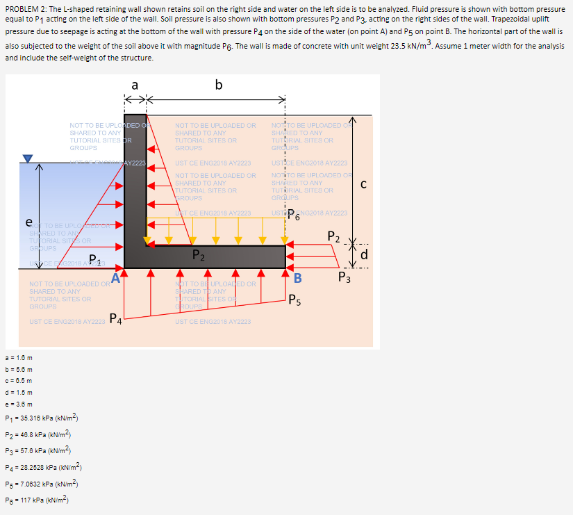 PROBLEM 2: The L-shaped retaining wall shown retains soil on the right side and water on the left side is to be analyzed. Fluid pressure is shown with bottom pressure
equal to P₁ acting on the left side of the wall. Soil pressure is also shown with bottom pressures P2 and P3, acting on the right sides of the wall. Trapezoidal uplift
pressure due to seepage is acting at the bottom of the wall with pressure P4 on the side of the water (on point A) and P5 on point B. The horizontal part of the wall is
also subjected to the weight of the soil above it with magnitude P6. The wall is made of concrete with unit weight 23.5 kN/m³. Assume 1 meter width for the analysis
and include the self-weight of the structure.
NOT TO BE UPLOADED OF
SHARED TO ANY
TUTORIAL SITES OR
GROUPS
e TO BE UPLO
SHARED TO ANY
TUTORIAL SITES OR
GROUPS
USCE EXG2018 A23
P₁
NOT TO BE UPLOADED OR
SHARED TO ANY
TUTORIAL SITES OR
GROUPS
UST CE ENG2018 AY2223 P4
a = 1.6 m
b = 5.6 m
c = 6.5 m
d = 1.5 m
e = 3.6 m
P₁ = 35.316 kPa (kN/m²)
a
P₂ = 48.8 kPa (kN/m²)
P3 = 57.6 kPa (kN/m²)
P4 = 28.2528 kPa (kN/m²)
P5 = 7.0832 kPa (kN/m²)
Pa = 117 kPa (kN/m²)
AY2223
b
NOT TO BE UPLOADED OR
SHARED TO ANY
TUTORIAL SITES OR
GROUPS
UST CE ENG2018 AY2223
NOT TO BE UPLOADED OR
SHARED TO ANY
TUTORIAL SITES OR
GROUPS
UST CE ENG2018 AY2223
P₂
NOT TO BE UPLOADED OR
SHARED TO ANY
TUTORIAL SITES OF
GROUPS
UST CE ENG2018 AY2223
NOT TO BE UPLOADED OF
SHARED TO ANY
TUTORIAL SITES OR
GROUPS
USTICE ENG2018 AY2223
NOTITO BE UPLOADED OR
SHARED TO ANY
TUTORIAL SITES OR
GROUPS
USTIPENG2018 AY2223
P₂
B
P5
P3
d