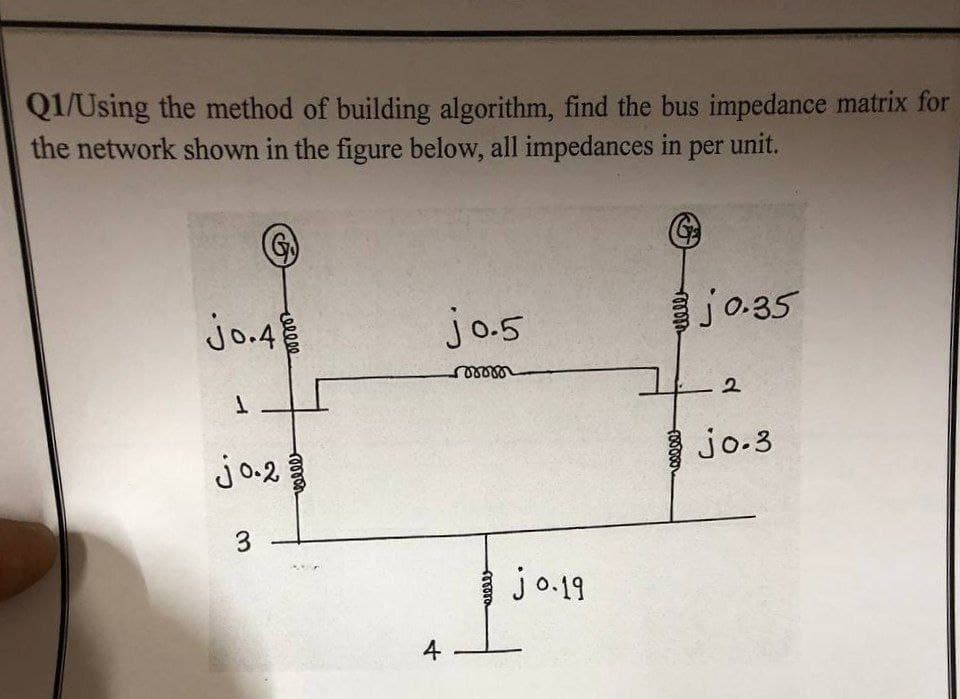 Q1/Using the method of building algorithm, find the bus impedance matrix for
the network shown in the figure below, all impedances in per unit.
jo.4
1
jo.2
3
4
jo.5
ooooo
heleler
jo. 19
jo.35
12
000001
jo.3