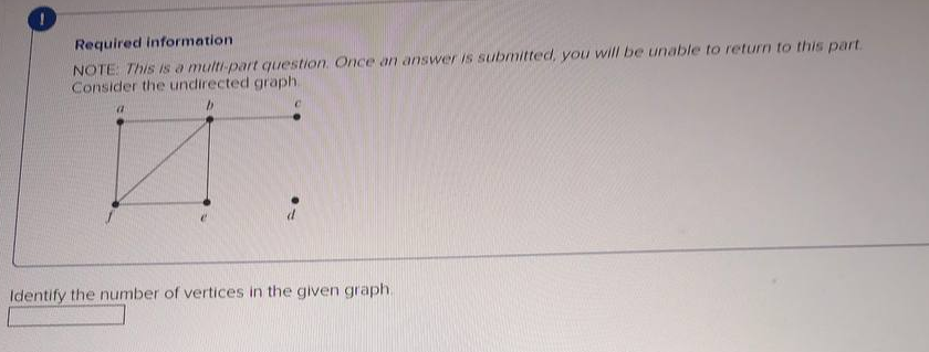 Required information
NOTE: This is a multi part question. Onnce an answer is submitted, you will be unable to return to this part.
Consider the undirected graph.
Identify the number of vertices in the given graph.
