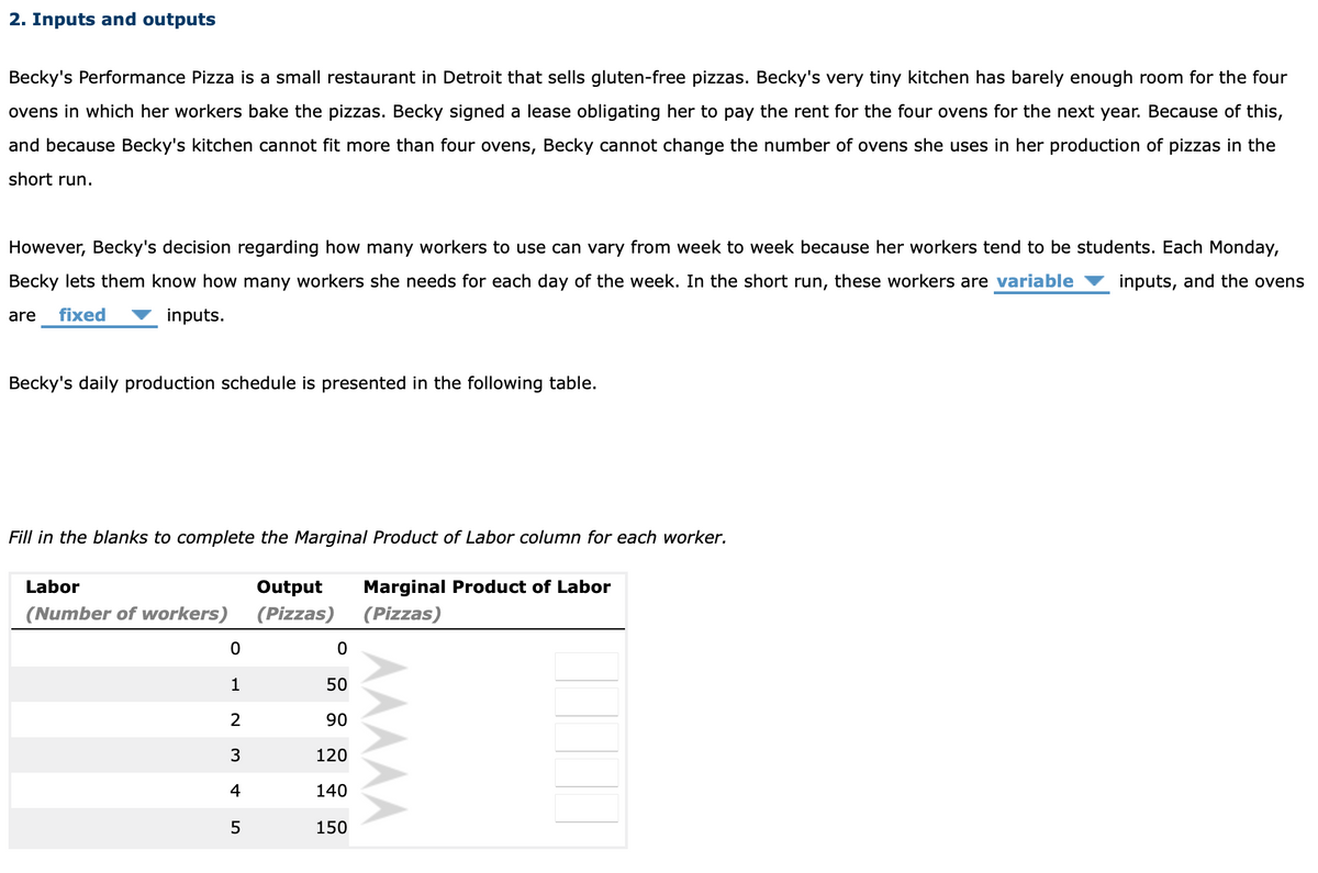 2. Inputs and outputs
Becky's Performance Pizza is a small restaurant in Detroit that sells gluten-free pizzas. Becky's very tiny kitchen has barely enough room for the four
ovens in which her workers bake the pizzas. Becky signed a lease obligating her to pay the rent for the four ovens for the next year. Because of this,
and because Becky's kitchen cannot fit more than four ovens, Becky cannot change the number of ovens she uses in her production of pizzas in the
short run.
However, Becky's decision regarding how many workers to use can vary from week to week because her workers tend to be students. Each Monday,
Becky lets them know how many workers she needs for each day of the week. In the short run, these workers are variable
inputs, and the ovens
are
fixed
inputs.
Becky's daily production schedule is presented in the following table.
Fill in the blanks to complete the Marginal Product of Labor column for each worker.
Labor
Output
Marginal Product of Labor
(Number of workers)
(Pizzas)
(Pizzas)
1
50
2
90
3
120
4
140
150
