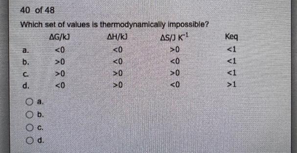 40 of 48
Which set of values is thermodynamically impossible?
AG/KJ
AS/J K-1
<0
>0
>0
<0
abcd
b.
d.
a.
ⓔc.
O d.
AH/kJ
<0
<0
>0
>0
>0
<0
>0
<0
Keq
MAAAR