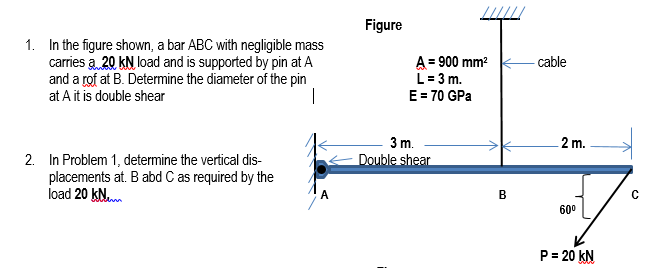 Figure
1. In the figure shown, a bar ABC with negligible mass
carries a 20 kN load and is supported by pin at A
and a rof at B. Determine the diameter of the pin
at A it is double shear
A = 900 mm?
L= 3 m.
E = 70 GPa
cable
3 m.
2 m.
2. In Problem 1, determine the vertical dis-
placements at. B abd C as required by the
load 20 kN.m
Double shear
В
60°
P = 20 kN
