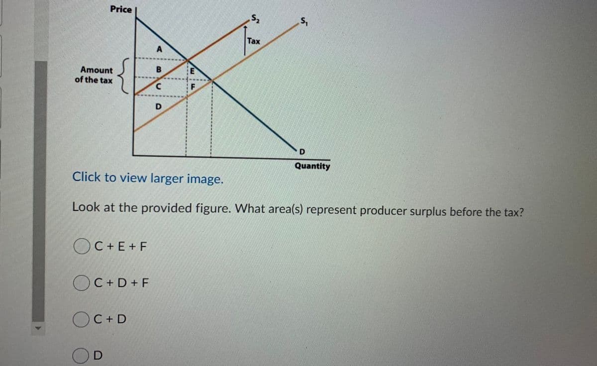 Price
S2
Tax
B.
Amount
of the tax
D.
Quantity
Click to view larger image.
Look at the provided figure. What area(s) represent producer surplus before the tax?
OC+E+ F
OC+D+F
O
C+ D
O D
F.
