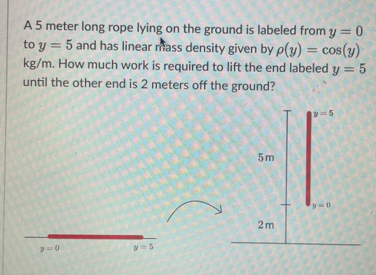 A 5 meter long rope lying on the ground is labeled from y = 0
to y = 5 and has linear mass density given by p(y) = cos(y)
kg/m. How much work is required to lift the end labeled y = 5
until the other end is 2 meters off the ground?
5m
2 m
3=0
4-5
3-5