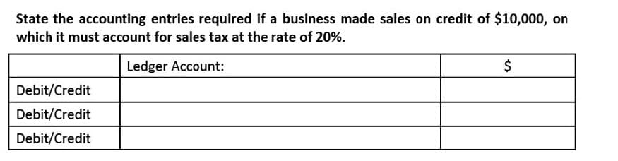 State the accounting entries required if a business made sales on credit of $10,000, on
which it must account for sales tax at the rate of 20%.
Ledger Account:
$
Debit/Credit
Debit/Credit
Debit/Credit
