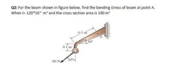 2: For the beam shown in figure below, find the bending stress of beam at point A.
When l= 120*10* m' and the cross section area is 100 m
0.3 m
0.1 m
