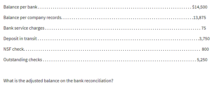 Balance per bank...
Balance per company records....
Bank service charges.
Deposit in transit..
NSF check...
Outstanding checks....
What is the adjusted balance on the bank reconciliation?
. $14,500
..13,875
75
..3,750
800
5,250