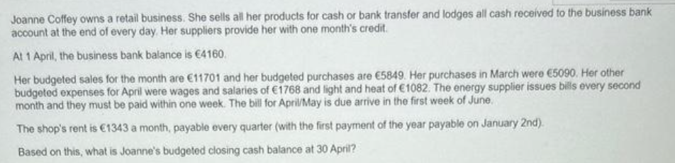 Joanne Coffey owns a retail business. She sells all her products for cash or bank transfer and lodges all cash received to the business bank
account at the end of every day. Her suppliers provide her with one month's credit.
At 1 April, the business bank balance is €4160.
Her budgeted sales for the month are €11701 and her budgeted purchases are €5849. Her purchases in March were €5090. Her other
budgeted expenses for April were wages and salaries of €1768 and light and heat of €1082. The energy supplier issues bills every second
month and they must be paid within one week. The bill for April/May is due arrive in the first week of June.
The shop's rent is €1343 a month, payable every quarter (with the first payment of the year payable on January 2nd).
Based on this, what is Joanne's budgeted closing cash balance at 30 April?