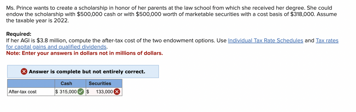 Ms. Prince wants to create a scholarship in honor of her parents at the law school from which she received her degree. She could
endow the scholarship with $500,000 cash or with $500,000 worth of marketable securities with a cost basis of $318,000. Assume
the taxable year is 2022.
Required:
If her AGI is $3.8 million, compute the after-tax cost of the two endowment options. Use Individual Tax Rate Schedules and Tax rates
for capital gains and qualified dividends.
Note: Enter your answers in dollars not in millions of dollars.
X Answer is complete but not entirely correct.
After-tax cost
Cash
$ 315,000
Securities
133,000 X