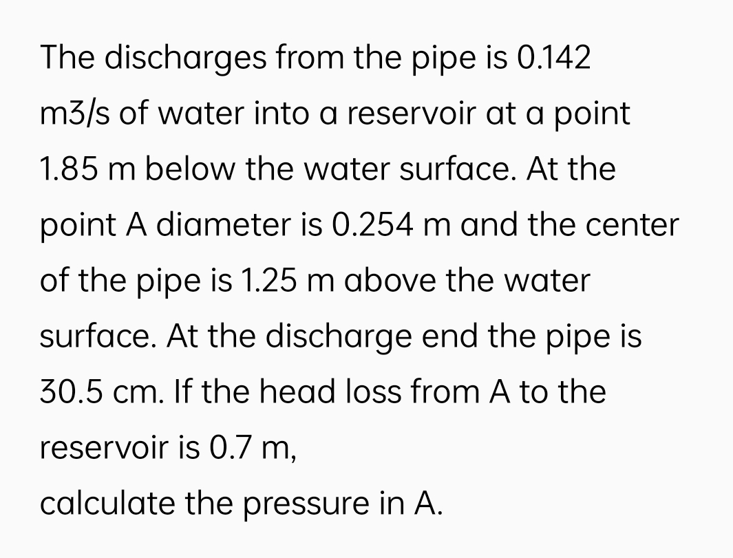 The discharges from the pipe is 0.142
m3/s of water into a reservoir at a point
1.85 m below the water surface. At the
point A diameter is 0.254 m and the center
of the pipe is 1.25 m above the water
surface. At the discharge end the pipe is
30.5 cm. If the head loss from A to the
reservoir is 0.7 m,
calculate the pressure in A.