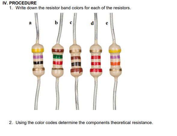 IV. PROCEDURE
1. Write down the resistor band colors for each of the resistors.
a
b
d
2. Using the color codes determine the components theoretical resistance.
