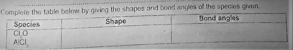 Complete the table below by giving the shapes and bond angles of the species given.
Shape
Bond angles
| Species
CIO
A!CI,
