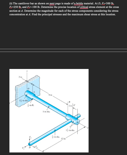 (3) The cantilever bar as shown on next page is made of a brittle material. At D, Fx-300 lb.
F-250 lb, and F-100 lb. Determine the precise location of critical stress element at the cross
section at A. Determine the magnitude for each of the stress components considering the stress
concentration at A. Find the principal stresses and the maximum shear stress at this location.
2 in
1-in dia.
-in R.
12 in