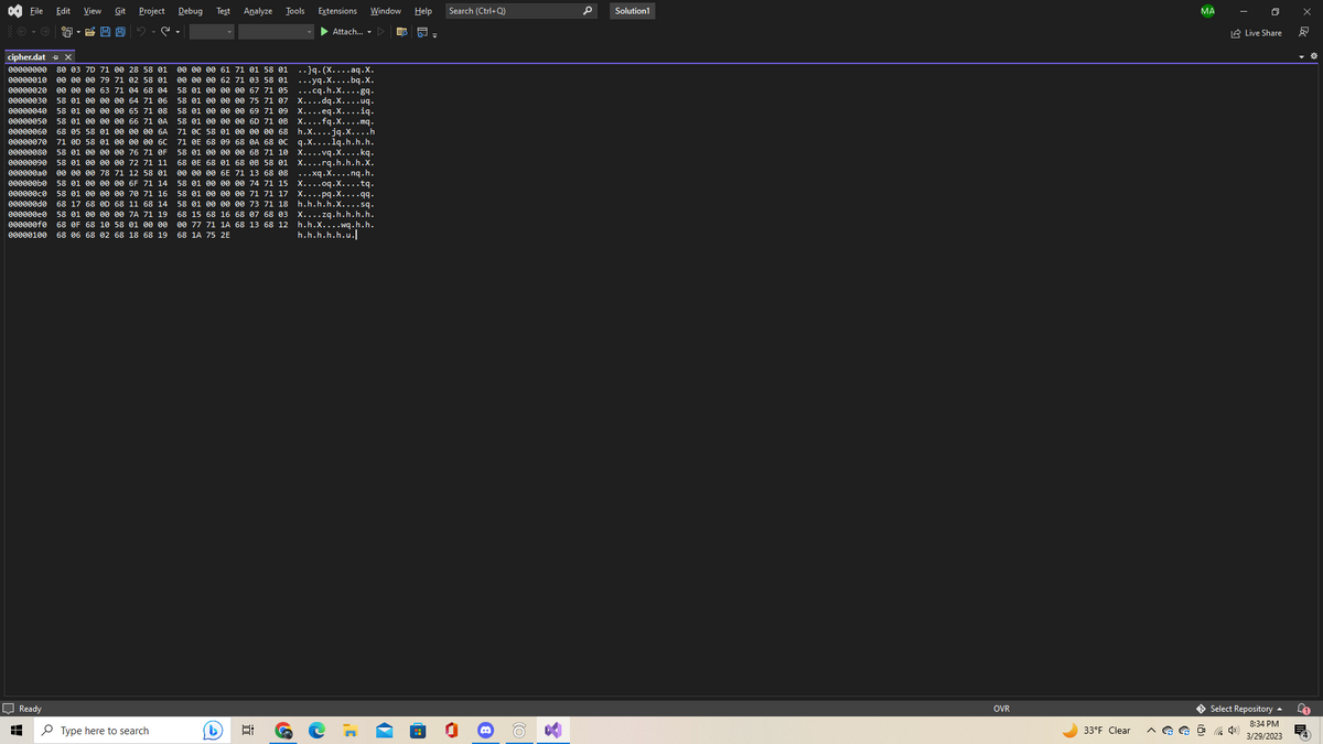 0 File
Edit View Git
Git Project Debug Test Analyze Jools
7-700 S.p.
cipher.dat
X
00000000 80 03 7D 71 00 28 58 01 00 00 00 61 71 01 58 01 )q. (X....aq.x.
..}q.
ee ee ee 62 71 03 58 01.yq.X....bq.X.
58 01 00 00 e0 67 71 05
67 72 85 ...cq.h.X....gq.
58 01 00 00 00 75 71 07
75 71 97 X....dq.X....ug.
58 01 00 00 e0 69 71 09 X....eq.x....iq.
58 01 00 00 00 6D 71 e8 x....fq.x....mq.
71 ec 58 01 ee ee ee 68 h.X....jq.X....h
71 BE 68 09 68 BA 68 BC q.x....lq.h.h.h.
58 01 00 00 00 68 71 10 X....vq.x....kq.
68 BE
68 E 68 01 68 08 58 01 x....rq.h.h.h.X.
00 00 00 6E 71 13 68 08 ...xq.x....nq.h.
58 0¹ еe еe ее 74 71 15 X....oq.x....tq.
58 01 0e ee ee 71 71 17 x....pq.x....qq.
58 01 ☺ ☺ ☺ 73 71 18 h.h.h.h.X....sq.
68 15 68 16 68 067 68 03 X....zq.h.h.h.h.
80 77 71 1A 68 13 68 12 h.h.X....wq.h.h.
68 1A 75 2E
h.h.h.h.h.u.l
00000010 ee ee ee 79 71 02 58 01
00000020 00 00 00 63 71 04 68 04
00000030 58 01 0e ee ee 64 71 06
00000040 58 01 00 00 00 65 71 08
00000050 58 01 00 00 00 66 71 A
000060 68 05 58
68 es 58 0¹ еe eе еe 6A
00070 71 80 58 01 00 00 00 6C
00000000
***Ø®Ø 58 01 ¸Ð ¸ Ð 76 71 OF
000000⁹0 58 01 ee ee ee 72 71 11
******* ** ** *e 78 71 12 58 01
Þeeëəbə 58 01 ee ee ee 6F 71 14
eeeeece 58 01 ee ee ee 70 71 16
eeeeeede 68 17 68 60 68 11 68 14
000000e0 58 01 00 00 00
58 01 eeee ee 7A 71 19
eeeeeefe 68 OF 68 10 58 01 00 00
00000100 68 06 68 02 68 18 68 19
Ready
=
Type here to search
(b)
Extensions Window Help Search (Ctrl+Q)
-▶ Attach.... D
5)
D
O
B
K
P Solution1
OVR
33°F Clear
MA
0
Live Share
Select Repository
^ GGỠ 4
4x)
8:34 PM
3/29/2023
X
☆
Ę