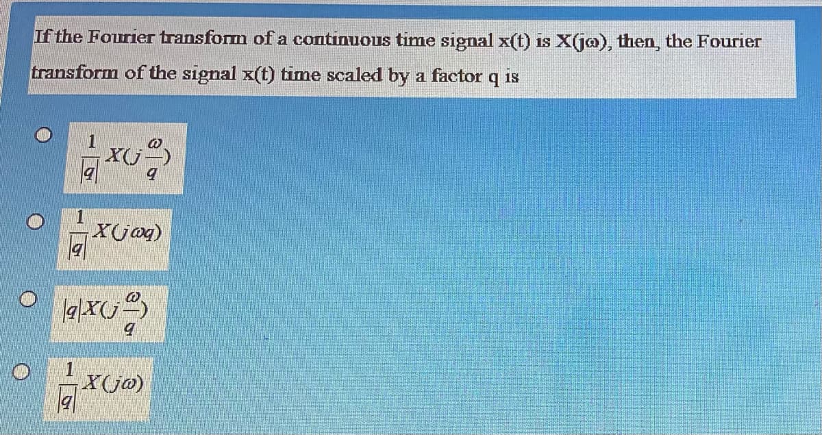 If the Fourier transform of a continuous time signal x(t) is X(j@), then, the Fourier
transform of the signal x(t) time scaled by a factor
18
1
