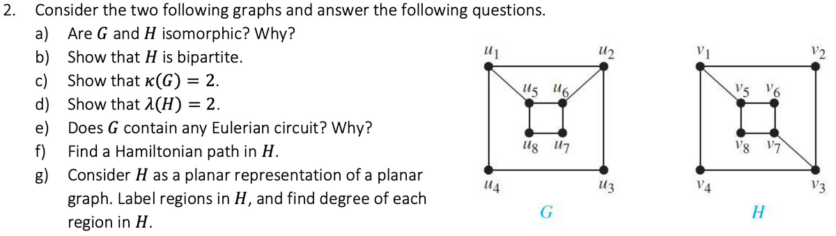 2.
Consider the two following graphs and answer the following questions.
a) Are G and H isomorphic? Why?
b) Show that H is bipartite.
U1
U2
V1
V2
c) Show that K(G) = 2.
d) Show that 1(H) = 2.
e) Does G contain any Eulerian circuit? Why?
Us U6
V5 V6
f)
Find a Hamiltonian path in H.
Ug U7
Vg V7
g) Consider H as a planar representation of a planar
U4
Uz
V4
V3
graph. Label regions in H, and find degree of each
G
H
region in H.
