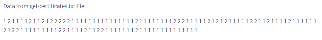 Data from get-certificates.txt file:
12111121121222221
21221111111112211112112
1111121
122211111:
11111111111
2111112211211112111111