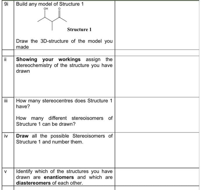 9i
ii
iv
V
Build any model of Structure 1
OH
O
Structure 1
Draw the 3D-structure of the model you
made
Showing your workings assign the
stereochemistry of the structure you have
drawn
How many stereocentres does Structure 1
have?
How many different stereoisomers of
Structure 1 can be drawn?
Draw all the possible Stereoisomers of
Structure 1 and number them.
Identify which of the structures you have
drawn are enantiomers and which are
diastereomers of each other.