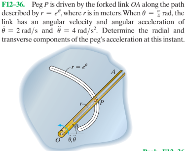 F12–36. Peg P is driven by the forked link OA along the path
described by r = e®, where r is in meters. When 0 = rad, the
link has an angular velocity and angular acceleration of
è = 2 rad/s and ë = 4 rad/s?. Determine the radial and
transverse components of the peg's acceleration at this instant.
= e"
O 0,0
6,0
