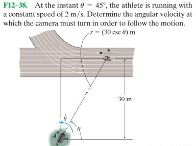 F12-38. At the instant 0 = 45°, the athlete is running with
a constant speed of 2 m/s. Determine the angular velocity at
which the camera must turn in order to follow the motion.
r = (30 csc 0) m
30 m
