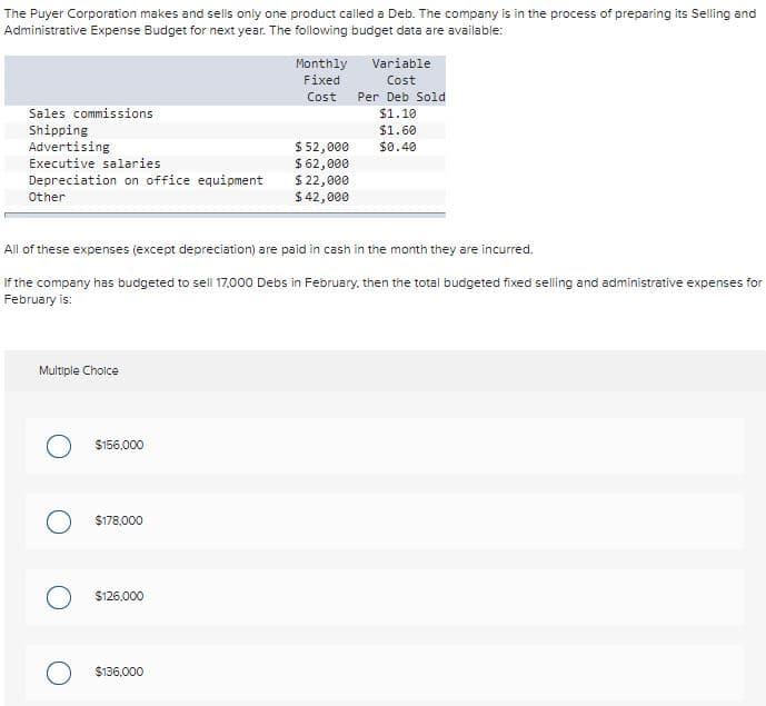 The Puyer Corporation makes and sells only one product called a Deb. The company is in the process of preparing its Selling and
Administrative Expense Budget for next year. The following budget data are available:
Variable
Monthly
Fixed
Cost
Cost
Per Deb Sold
Sales commissions
Shipping
Advertising
Executive salaries
Depreciation on office equipment
$1.10
$1.60
$ 52,000
$62,000
$ 22,000
$ 42,000
$0.40
Other
All of these expenses (except depreciation) are paid in cash in the month they are incurred.
If the company has budgeted to sell 17,000 Debs in February. then the total budgeted fixed selling and administrative expenses for
February is:
Multiple Cholce
O $156,000
$178,000
$126,000
$136,000
