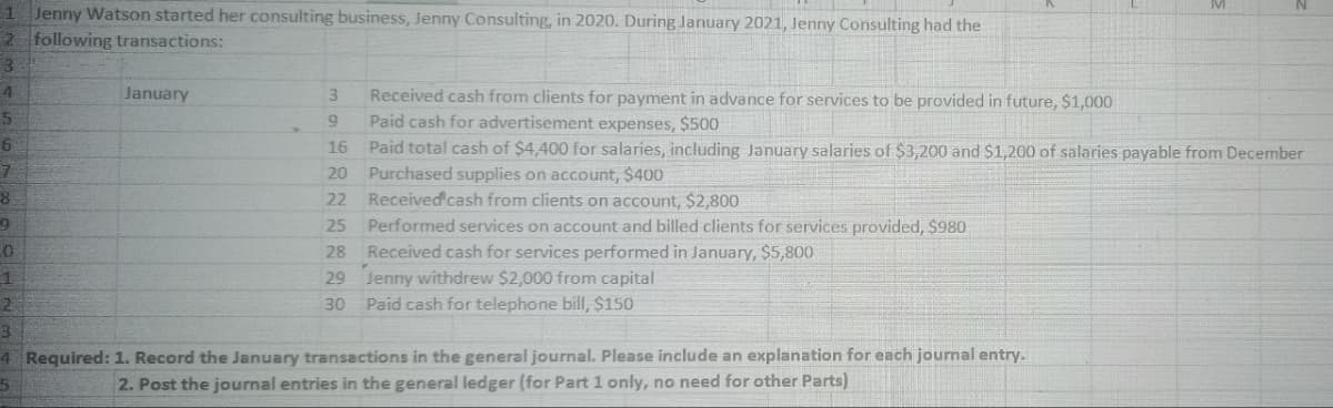 1 Jenny Watson started her consulting business, Jenny Consulting, in 2020. During January 2021, Jenny Consulting had the
2 following transactions:
Received cash from clients for payment in advance for services to be provided in future, $1,000
Paid cash for advertisement expenses, $500
16 Paid total cash of $4,400 for salaries, including January salaries of $3,200 and $1,200 of salaries payable from December
20 Purchased supplies on account, $400
22 Received cash from clients on account, $2,800
4
January
6.
25 Performed services on account and billed clients for services provided, $980
28 Received cash for services performed in January, $5,800
29 Jenny withdrew $2,000 from capital
30 Paid cash for telephone bill, $150
4 Required: 1. Record the January transactions in the general journal. Please include an explanation for each journal entry.
2. Post the journal entries in the general ledger (for Part 1 only, no need for other Parts)
