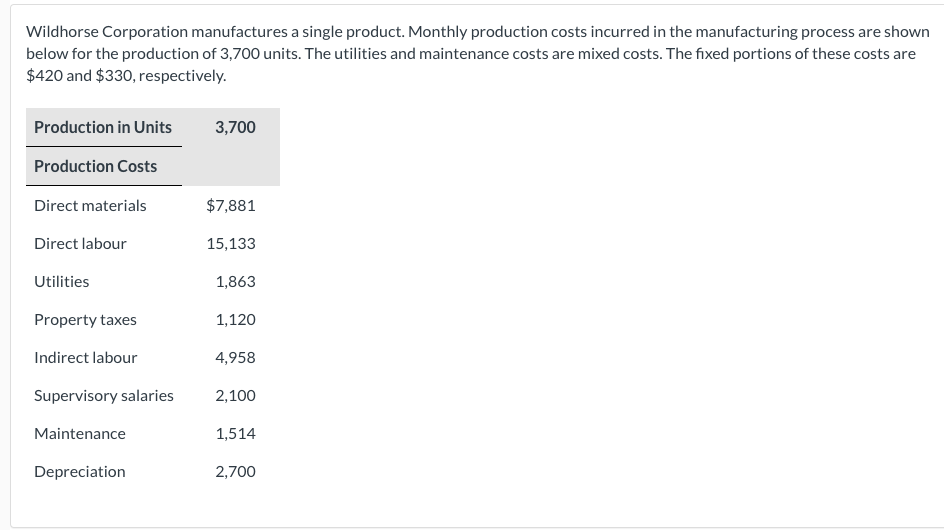 Wildhorse Corporation manufactures a single product. Monthly production costs incurred in the manufacturing process are shown
below for the production of 3,700 units. The utilities and maintenance costs are mixed costs. The fixed portions of these costs are
$420 and $330, respectively.
Production in Units
Production Costs
Direct materials
Direct labour
Utilities
Property taxes
Indirect labour
Supervisory salaries
Maintenance
Depreciation
3,700
$7,881
15,133
1,863
1,120
4,958
2,100
1,514
2,700