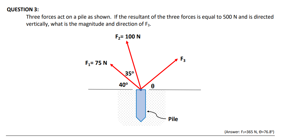 QUESTION 3:
Three forces act on a pile as shown. If the resultant of the three forces is equal to 500 N and is directed
vertically, what is the magnitude and direction of F3.
F2= 100 N
F3
F,= 75 N
35°
40°
Pile
(Answer: F3=365 N, E=76.8°)
