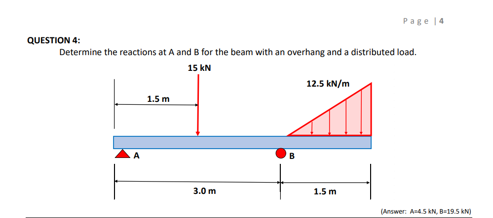 Page |4
QUESTION 4:
Determine the reactions at A and B for the beam with an overhang and a distributed load.
15 kN
12.5 kN/m
1.5 m
A
3.0 m
1.5 m
(Answer: A=4.5 kN, B=19.5 kN)
