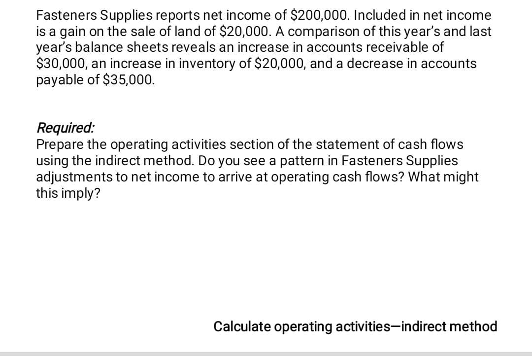 Fasteners Supplies reports net income of $200,000. Included in net income
is a gain on the sale of land of $20,000. A comparison of this year's and last
year's balance sheets reveals an increase in accounts receivable of
$30,000, an increase in inventory of $20,000, and a decrease in accounts
payable of $35,000.
Required:
Prepare the operating activities section of the statement of cash flows
using the indirect method. Do you see a pattern in Fasteners Supplies
adjustments to net income to arrive at operating cash flows? What might
this imply?
Calculate operating activities-indirect method