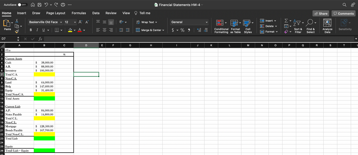 AutoSave
E Financial Statements HW-4 -
OFF
Home
Insert
Draw
Page Layout
Formulas
Data
Review
View
Tell me
Share
Comments
国,。
Insert v
Baskerville Old Face
12
A^ A
Wrap Text v
General
Delete v
v A v
$ v % 9
Conditional Format
Sort &
Filter
Analyze
Data
Cell
Sensitivity
Find &
Select
Paste
U
Merge & Center ♥
00
Formatting as Table
Styles
Format v
D7
fx
A
B
E
F
G
H
J
K
L
M
N
P
Q
R
S
1
#3.a
2
3
Current Assets
4
Cash
$
38,000.00
5
A.R.
$
88,000.00
6 Inventroy
$ 106,000.00
7
Total C.A.
8
Non-C.A.
9
Land
$
64,000.00
10 Bidg
11 Equip
12 Total Non-C.A.
$ 147,600.00
$
31,400.00
13 Total Assets
14
15 Current Liab
16 A.P.
17 Notes Payable
18 Total C.L.
19 Non-C.L.
20 Mortgage
21 Bonds Payable
22 Total Non-C.L.
$
84,000.00
$
14,800.00
$ 128,500.00
$ 167,700.00
23 Total Liab
24
25 Equity
26 Totall Liab + Equity
27
>
WEO
lili
