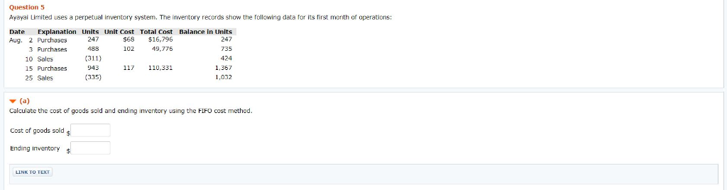 Question 5
Ayayai Limited uses a perpetual inventory system. The inventory records show the following data for its first month of operations:
Date Explanation Units Unit Cost Total Cost Balance in Units
Aug. 2 Purchases
247
$16,796
247
$68
102
3 Purchases
49.776
488
(311)
943
(335)
10 Sales
15 Purchases
25 Sales
Cost of goods sold s
$
Ending Inventory s
117
LINK TO TEXT
110,331
▼(a)
Calculate the cost of goods sold and ending inventory using the FIFO cost method.
735
424
1,367
1,032