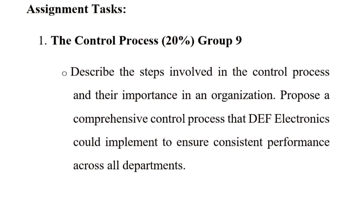 Assignment Tasks:
1. The Control Process (20%) Group 9
。 Describe the steps involved in the control process
and their importance in an organization. Propose a
comprehensive control process that DEF Electronics
could implement to ensure consistent performance
across all departments.