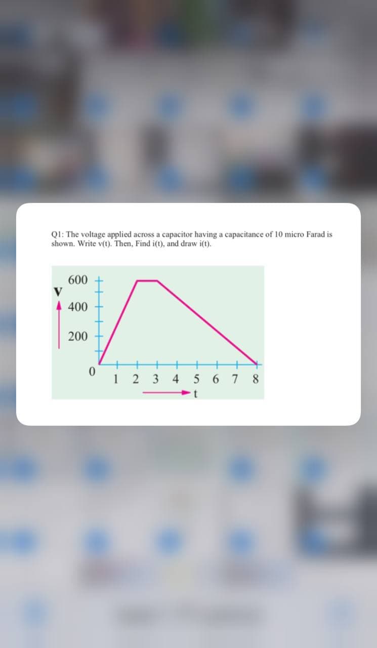 QI: The voltage applied across a capacitor having a capacitance of 10
shown. Write v(t). Then, Find i(t), and draw i(t).
is
600
V
4 400
200
+
+
1 2
3
5
67 8
