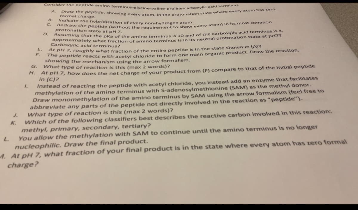Draw the peptide, showing every atom, in the protonation state where every atom has zero
Consider the peptide amino terminus-glycine-valine-proline-carboxylic acid terminus
A.
formal charge.
B.
Indicate the hybridization of every non-hydrogen atom.
C.
protonation state at pH 7.
D.
pproximnately what fraction of amino terminus is in its neutral protonation state at pH7?
Carboxylic acid terminus?
AtPH 7, roughly what fraction of the entire peptide is in the state shown in (A)?
he peptide reacts with acetyl chloride to form one main organic product. Draw the reaction,
showing the mechanism using the arrow formalism.
What type of reaction is this (max 2 words)?
E.
F.
G.
* At pH , how does the net charge of your product from (F) compare to that of the initial peptide
in (C)?
Instead of reacting the peptide with acetyl chloride, you instead add an enzyme that facilitates
methylation of the amino terminus with S-adenosylmethionine (SAM) as the methyl donor.
Draw monomethylation of the amino terminus by SAM using the arrow formalism (feel free to
abbreviate any parts of the peptide not directly involved in the reaction as "peptide").
What type of reaction is this (max 2 words)?
Which of the following classifiers best describes the reactive carbon involved in this reaction:
methyl, primary, secondary, tertiary?
You allow the methylation with SAM to continue until the amino terminus is no longer
1.
J.
K.
L.
nucleophilic. Draw the final product.
1. At pH 7, what fraction of your final product is in the state where every atom has zero formal
charge?
