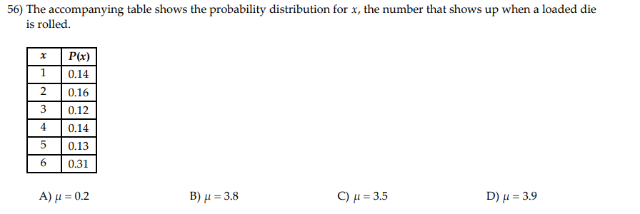 56) The accompanying table shows the probability distribution for x, the number that shows up when a loaded die
is rolled.
P(x)
1 0.14
2
0.16
3
0.12
4
0.14
5
0.13
6
0.31
A) μ -0.2
Β) μ = 3.8
C) µ = 3.5
D) μ= 3.9
